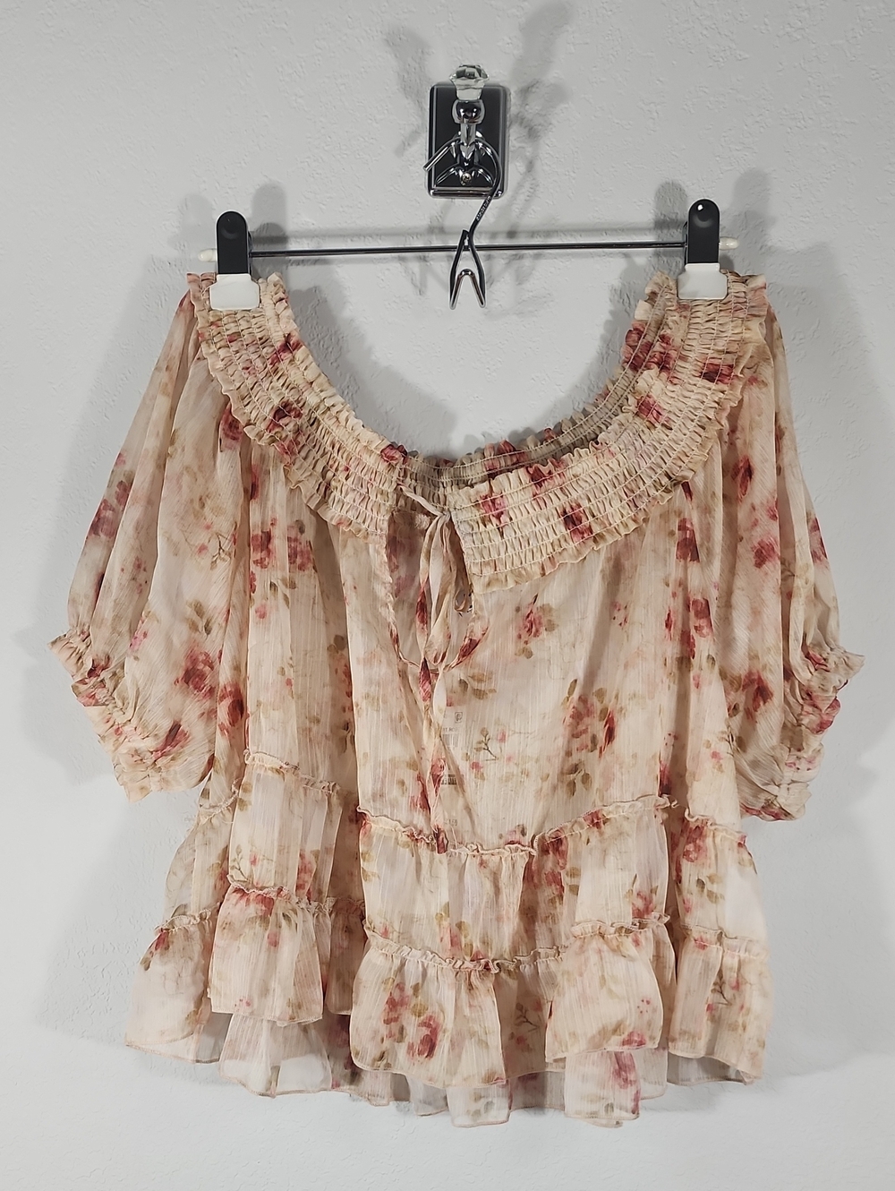 And Now This Desert Rose Sheer Cropped Tiered Floral Print Blouse PM New